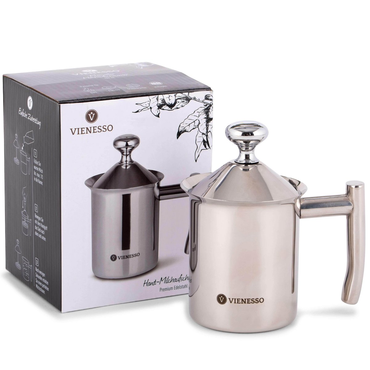 Manual stainless steel hand milk frother with mesh strainer - 400 ml