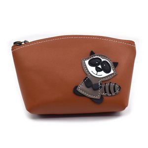 Handgemaakte volnerf lederen make-up tas met schattige wasbeer