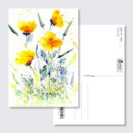 Vibrant yellow poppy flowers in a field, with watercolor painting style. Suitable for greeting cards, stationery, or home decor.