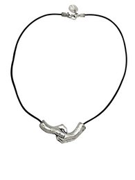  Silver-toned metal lanyard with black leather accent, featuring a clasp closure.