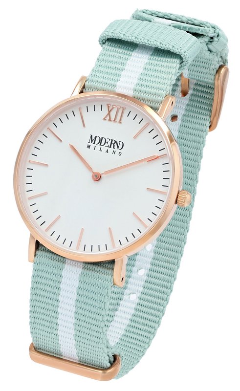 Moderno Milano stainless steel women's watch 36.5 mm, sapphire crystal & nylon NATO strap (light green-white), rose gold-colored