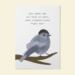 A greeting card featuring a gray bird perched on a branch with a German text message that translates to "This life was only half so hard, when we shared it with each other."