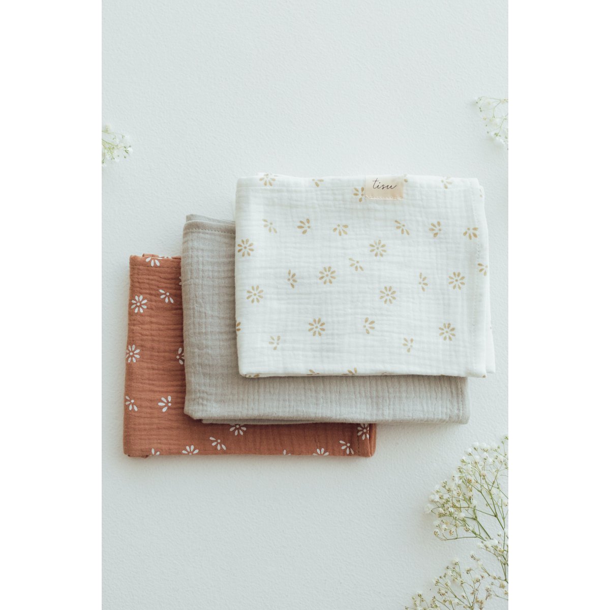 TISU muslin set: Cream Daisy + Sand + Caramel Daisy