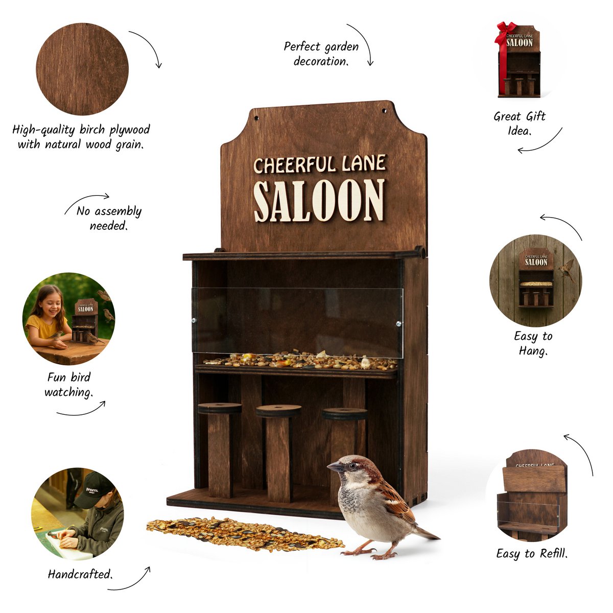 Comedero de madera para pájaros "Saloon", elegante decoración de jardín y balcón, regalo para amantes de las aves