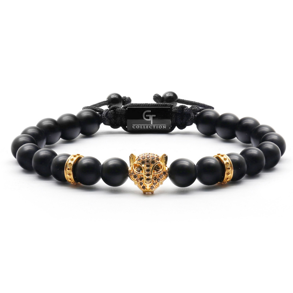 Bracciale Da Uomo IN ONICE NERO Con Testa DI LEOPARDO Dorata
