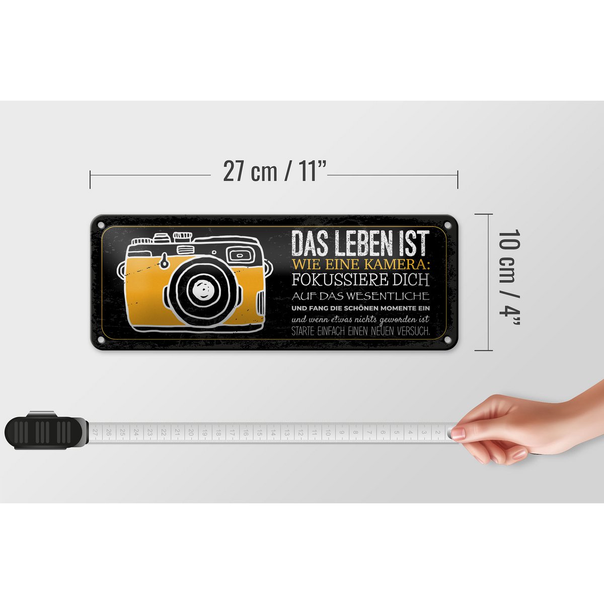 Tin sign saying 27x10 cm Life is like a camera Focus on the essentials