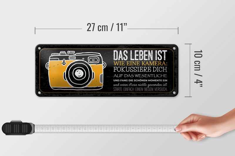 Tin sign saying 27x10 cm Life is like a camera Focus on the essentials