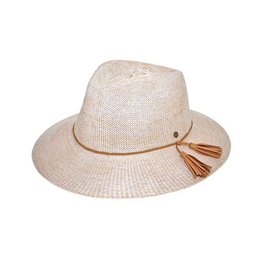 A wide-brimmed fedora hat in a neutral wheat color, suitable for casual or formal wear. The hat features a tassel accent and is available in sizes M-L with a 58 cm circumference.