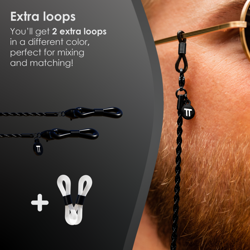 Glasses Cord Woven Black — 100% Stainless Steel & Unisex Eyewear Cords for Women and Men — Glasses Chain with Extra Loops — Brillenkoord Brillenband Brillenkette Cordon de Lunettes Cordón Para Gafas