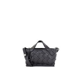 Small black tote bag with woven leather-like pattern, adjustable shoulder strap, and top handles for cross-body or handheld carrying.