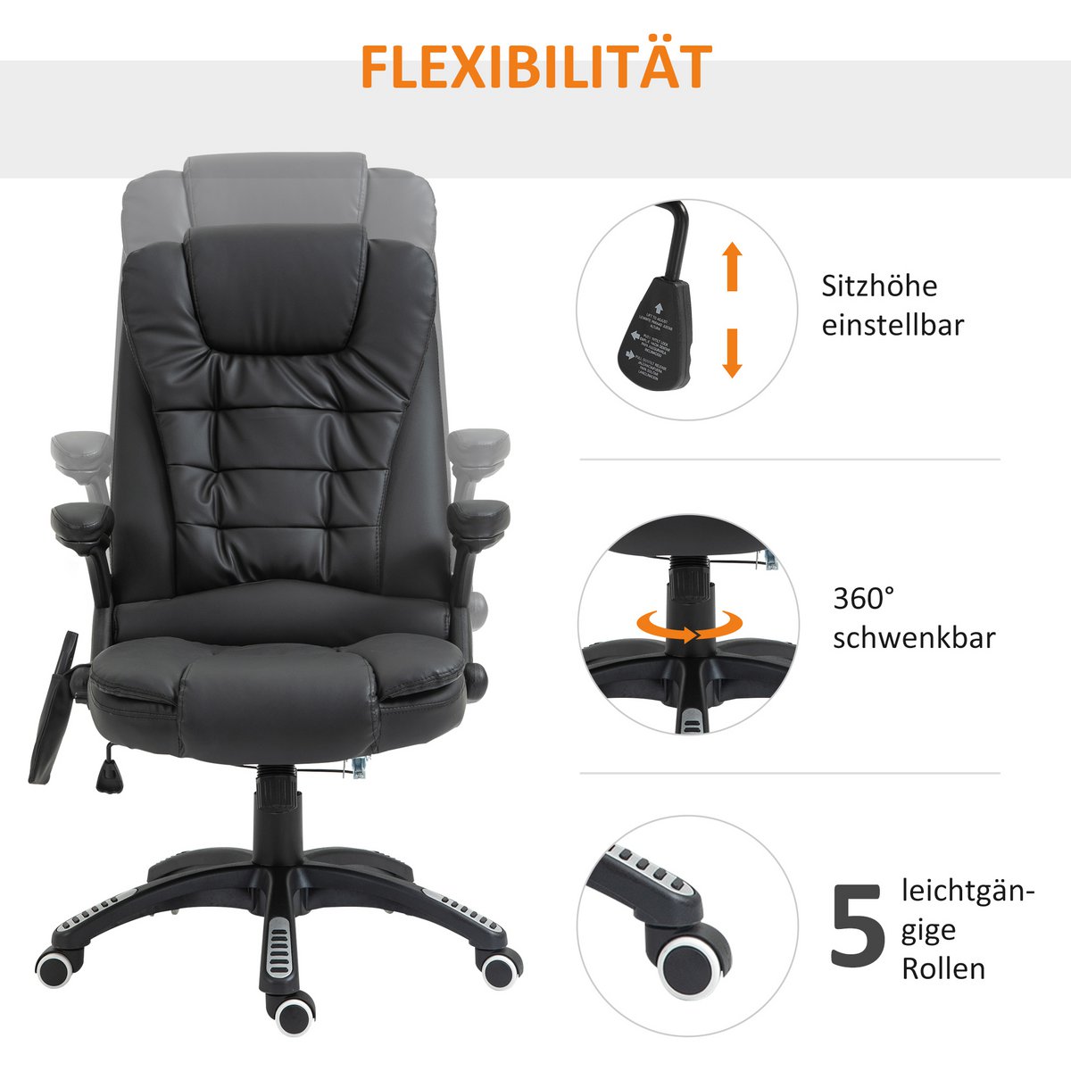 Silla de oficina con función de masaje, función de calor, altura regulable, función de inclinación, silla de oficina de masaje, blanco crema + negro