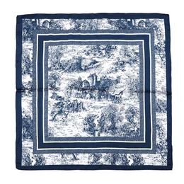 Navy blue and cream toile pattern scarf with vintage landscape scenes and decorative border design.