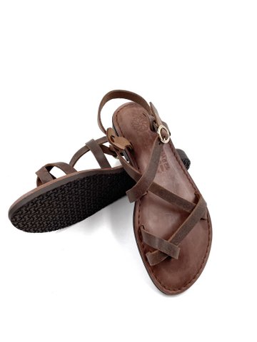 Bruine lederen sandalen met bandjes voor dames, Griekse damessandalen van echt leer, vintage vrouw zomersandalen bruin, sandalen met riem