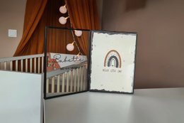 A5 poster featuring a colorful rainbow design in terracotta, oker geel, and grijs groen color variants, suitable for a child's room.