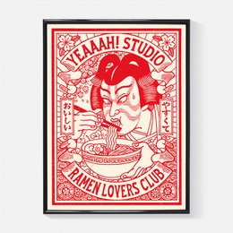 "Ramen Lovers Club" print featuring a vibrant red and white graphic design with an anime-style character enjoying a bowl of ramen noodles.