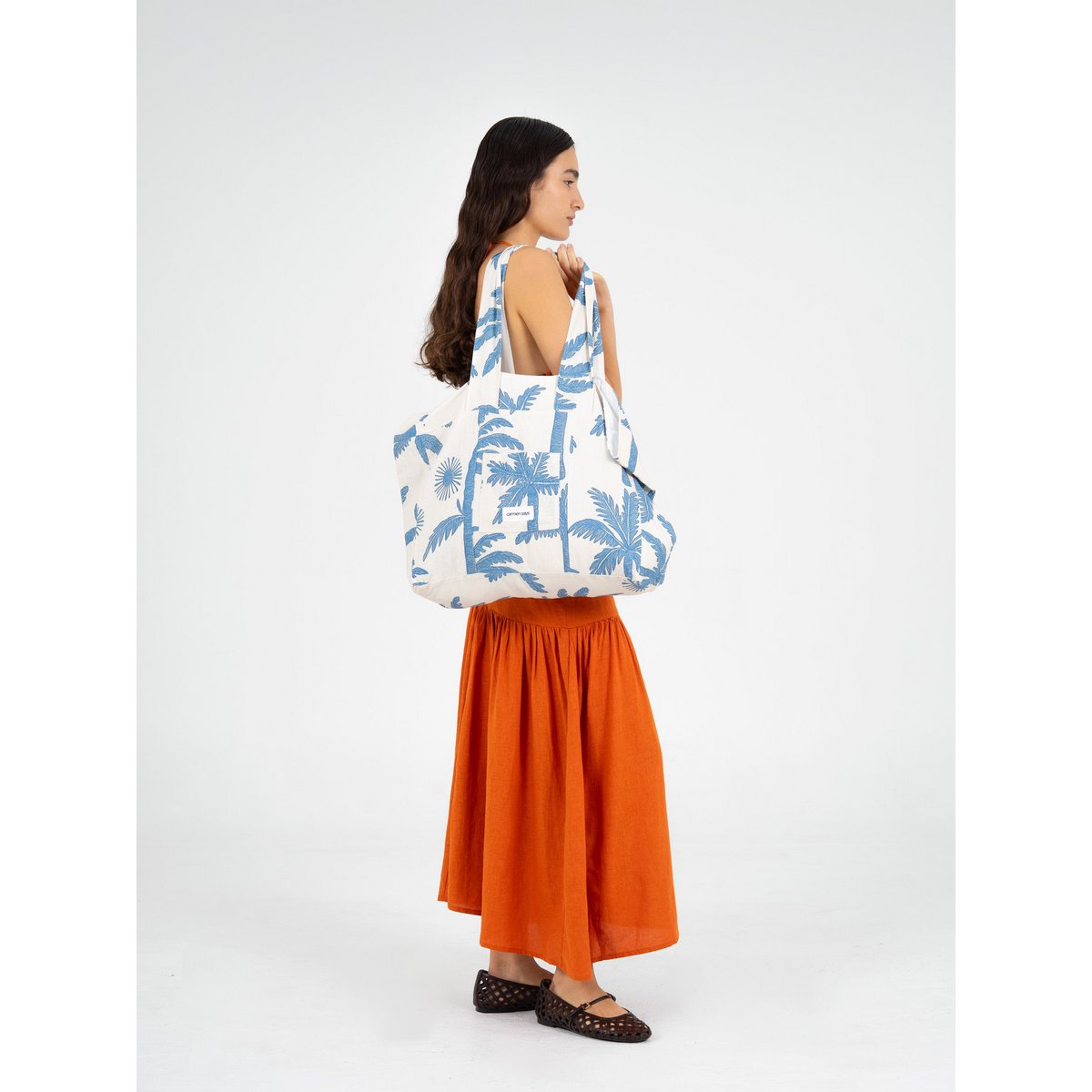 Elios Palm-Printed Linen Beach Bag