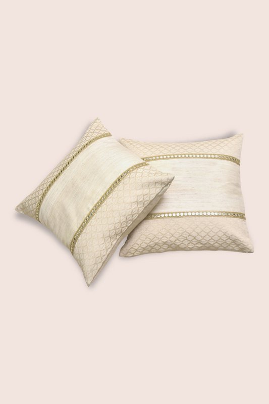 Handwoven Matka Silk Cushion Cover - Cotton Blend, Mirror Work