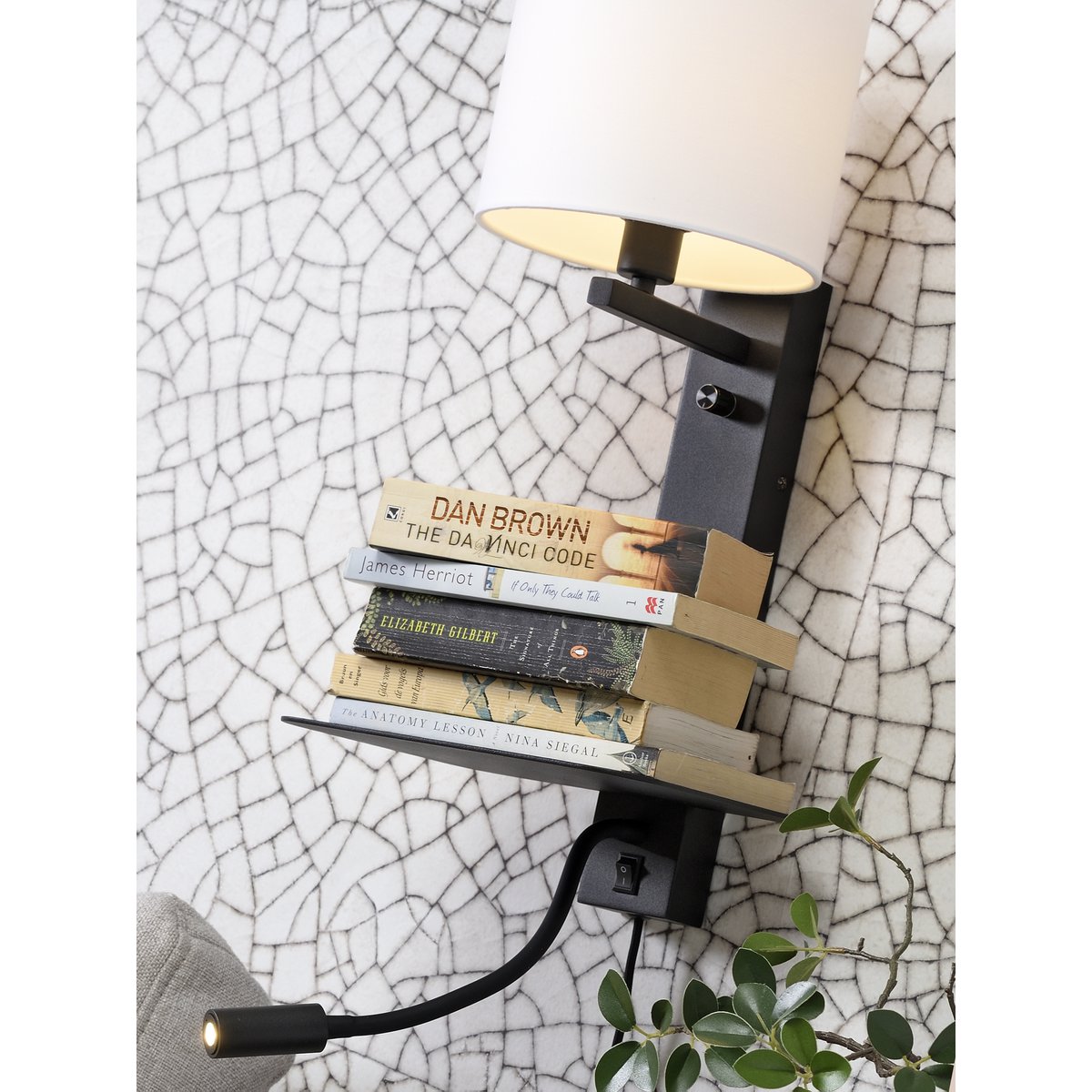 Wandlamp Florence plank+usb+leeslamp/kap 1815 d.linnen
