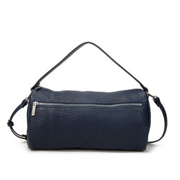  Navy blue leather shoulder bag, soft lamb leather, cylindrical shape, adjustable strap, modern minimalist design.
