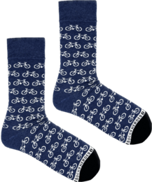 Navy blue socks with a repeating pattern of white bicycle icons. The socks are available in sizes 36-40 and 41-46.