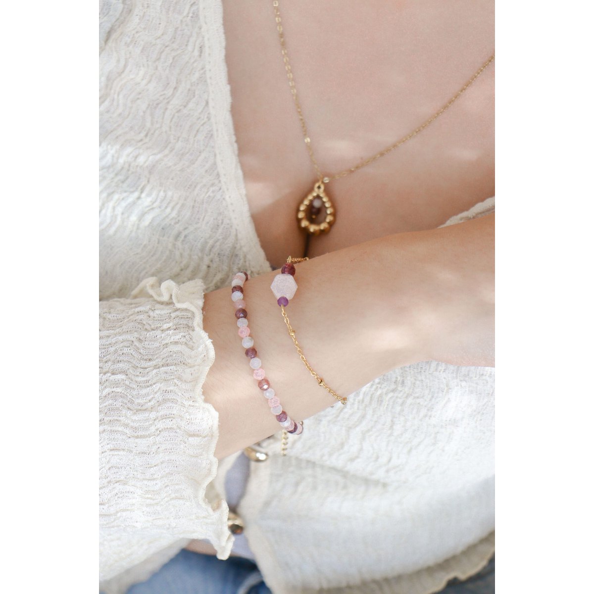 Collar Largo Piedra Luna y Lepidolita - Oro
