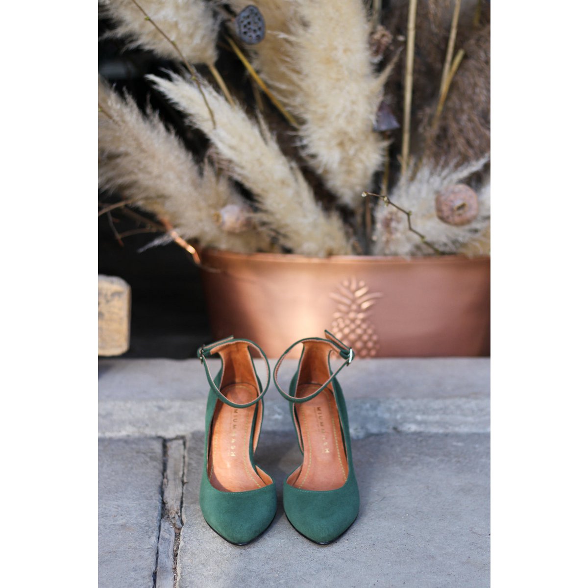 Handgemaakte Suède hakken (8 cm) - Vivienne - Groene Vintage Schoenen 35-42
