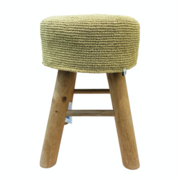 Hand-crocheted gold lurex stool with wooden legs, round cushioned seat, kids furniture.