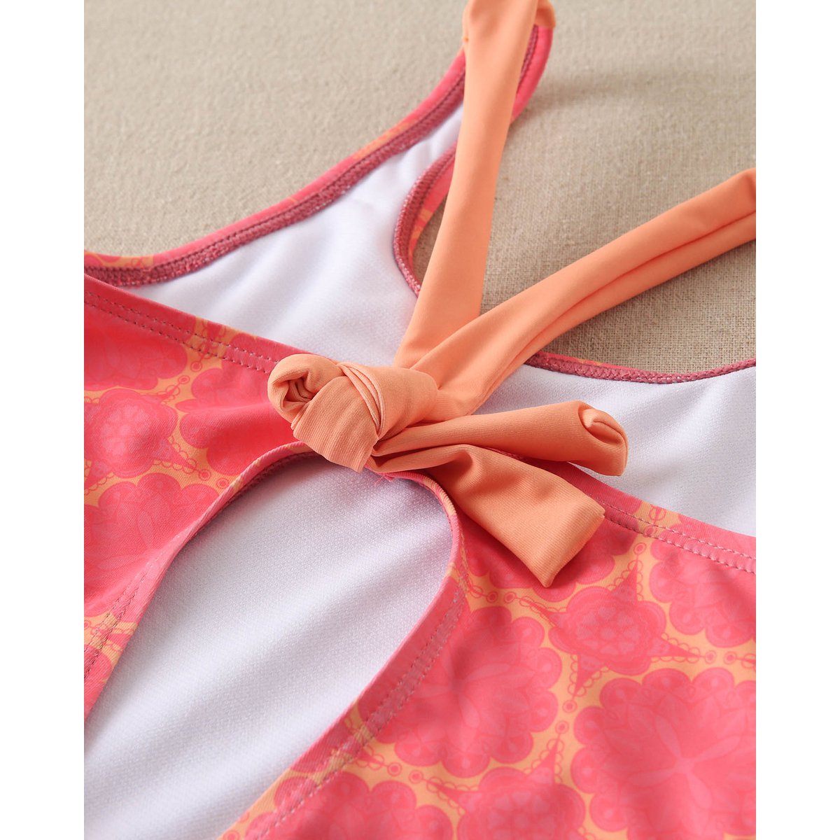 Girm's Fuchsia Retro Print Swimsuit z pomarańczowymi paskami M190-23504021