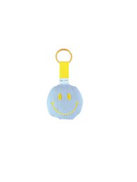Blue round smiley face keychain with gold ring, mousseline material, cheerful emoji design.