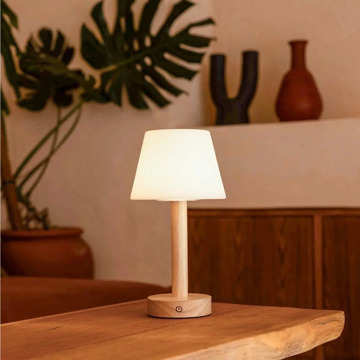 Zoë Light Brown Wooden Rechargeable Table Lamp