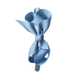 Light blue hair bow with headband, made of soft, pleated fabric. Suitable for kids' accessories.