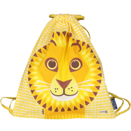A yellow drawstring backpack with a cute lion face design, featuring a round shape, large eyes, and a smiling expression. The backpack is suitable for kids and has a playful, animal-inspired style.