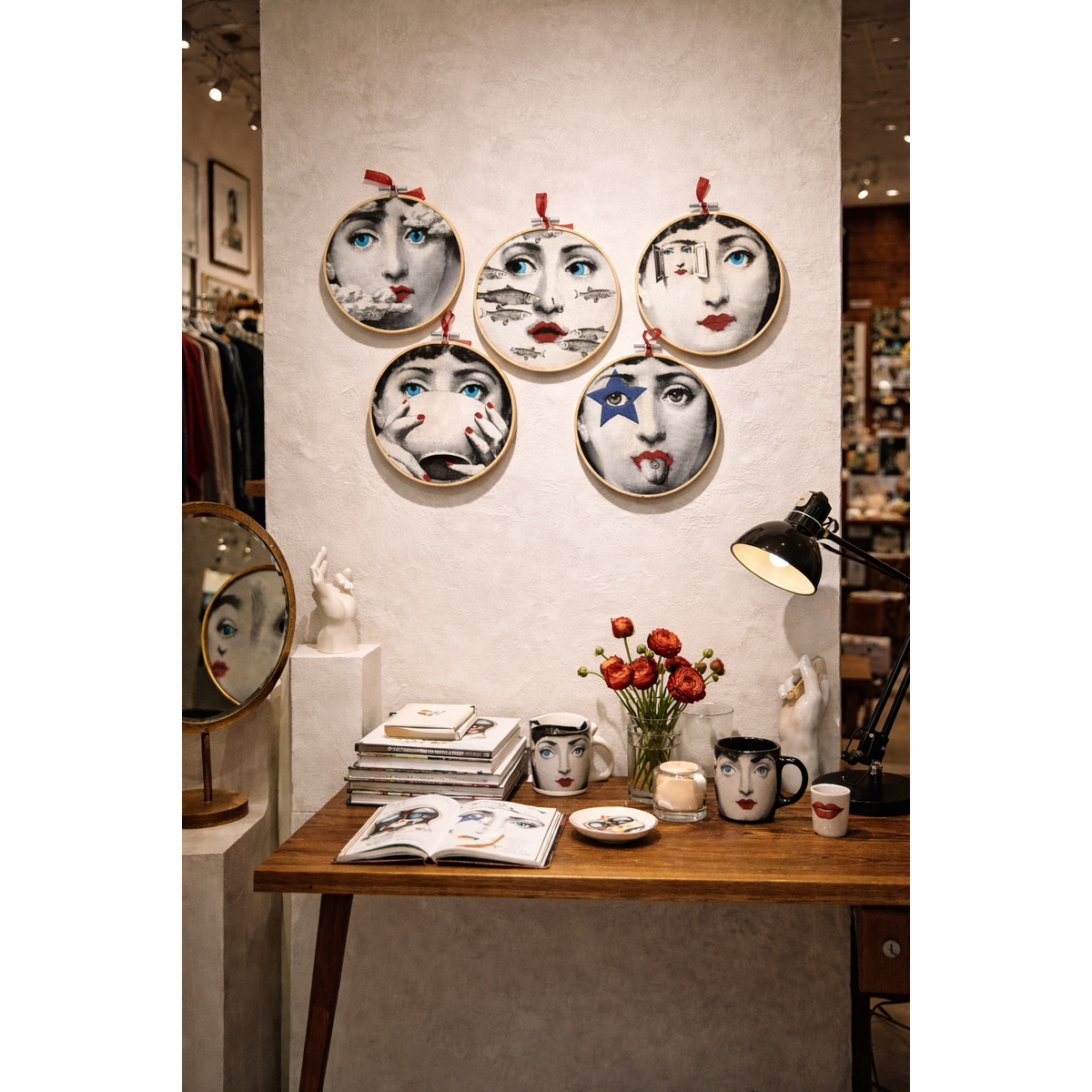 Fornasetti Portraits 15cm – Ensemble d'art mural brodé (5 pièces)