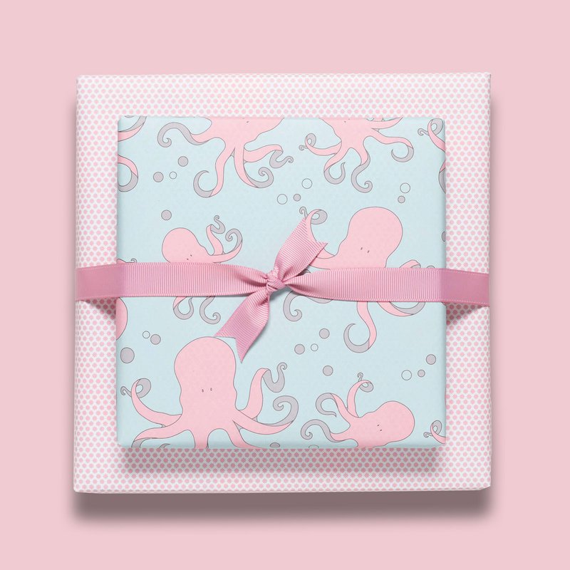 Papier d'emballage à la menthe et rose avec des poulpes, le papier d'emballage des enfants avec un motif de poulpe pour l'anniversaire des enfants, pour des cadeaux pour la naissance ou le baptême