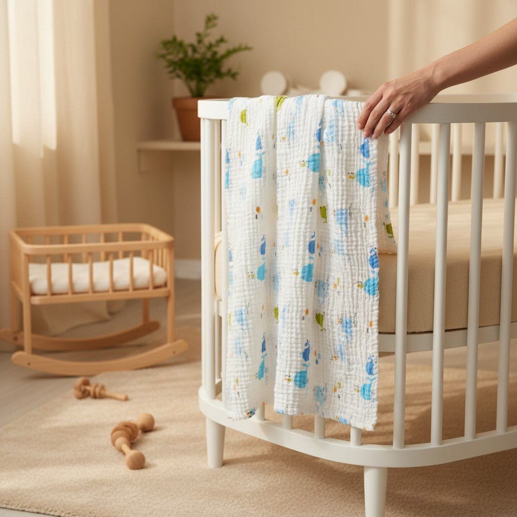 Nuvinokids® 6-lags bomuldsmuslin babytæppe blåhvaler