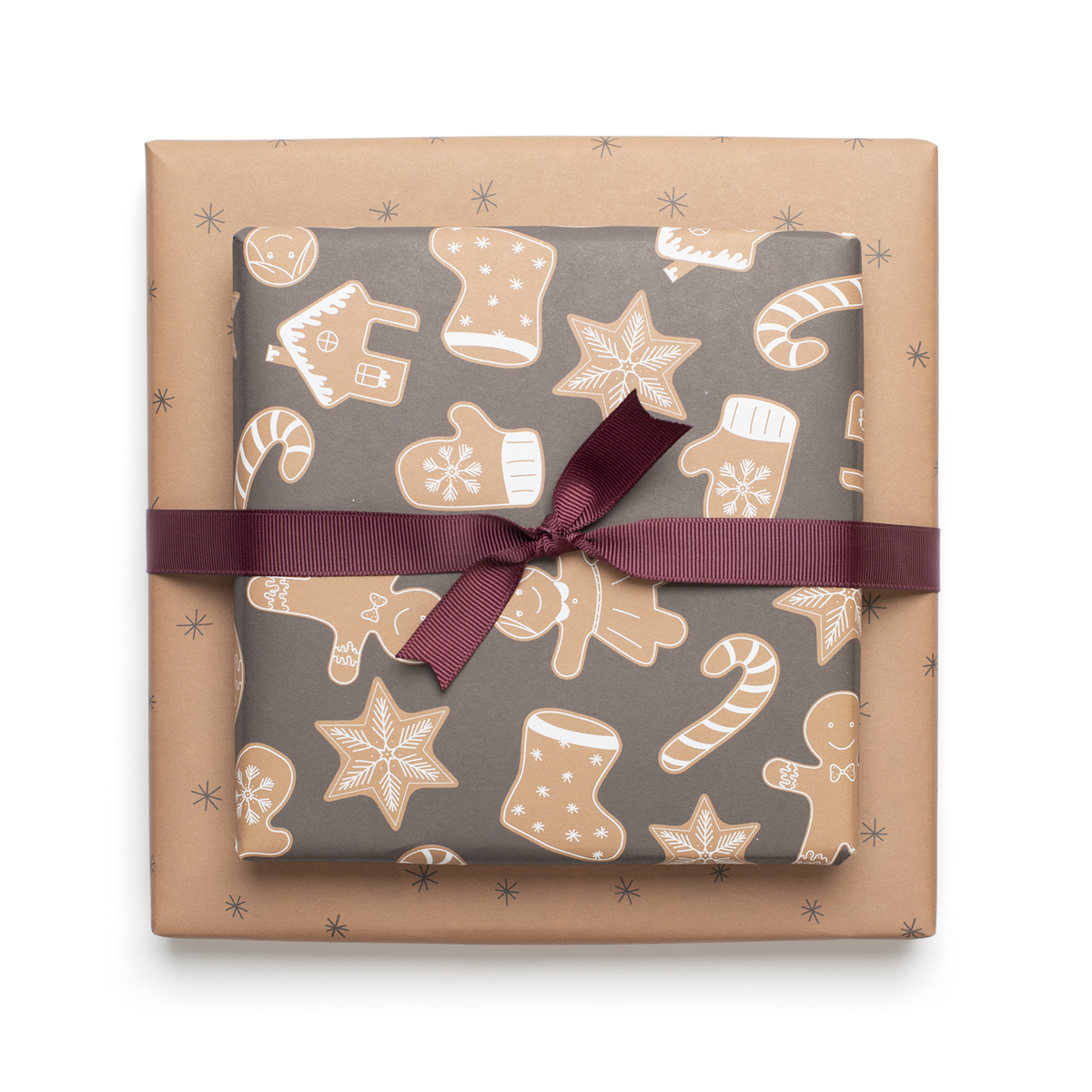 Papel de regalo de doble cara Navidad "pan de jengibre" Galletas navideñas en color beige y marrón fabricado con papel 100% reciclado