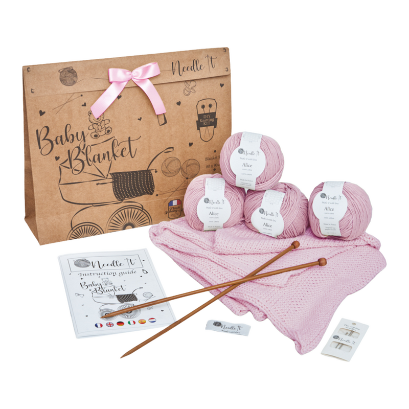 NEEDLE IT® Kit Tricot pour débutant complet avec aiguilles à tricot – Couverture bébé à tricoter soi-même - Idée Cadeau (Rose)