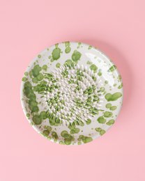 Circular grater plate with a textured surface for grating and shredding various food items.