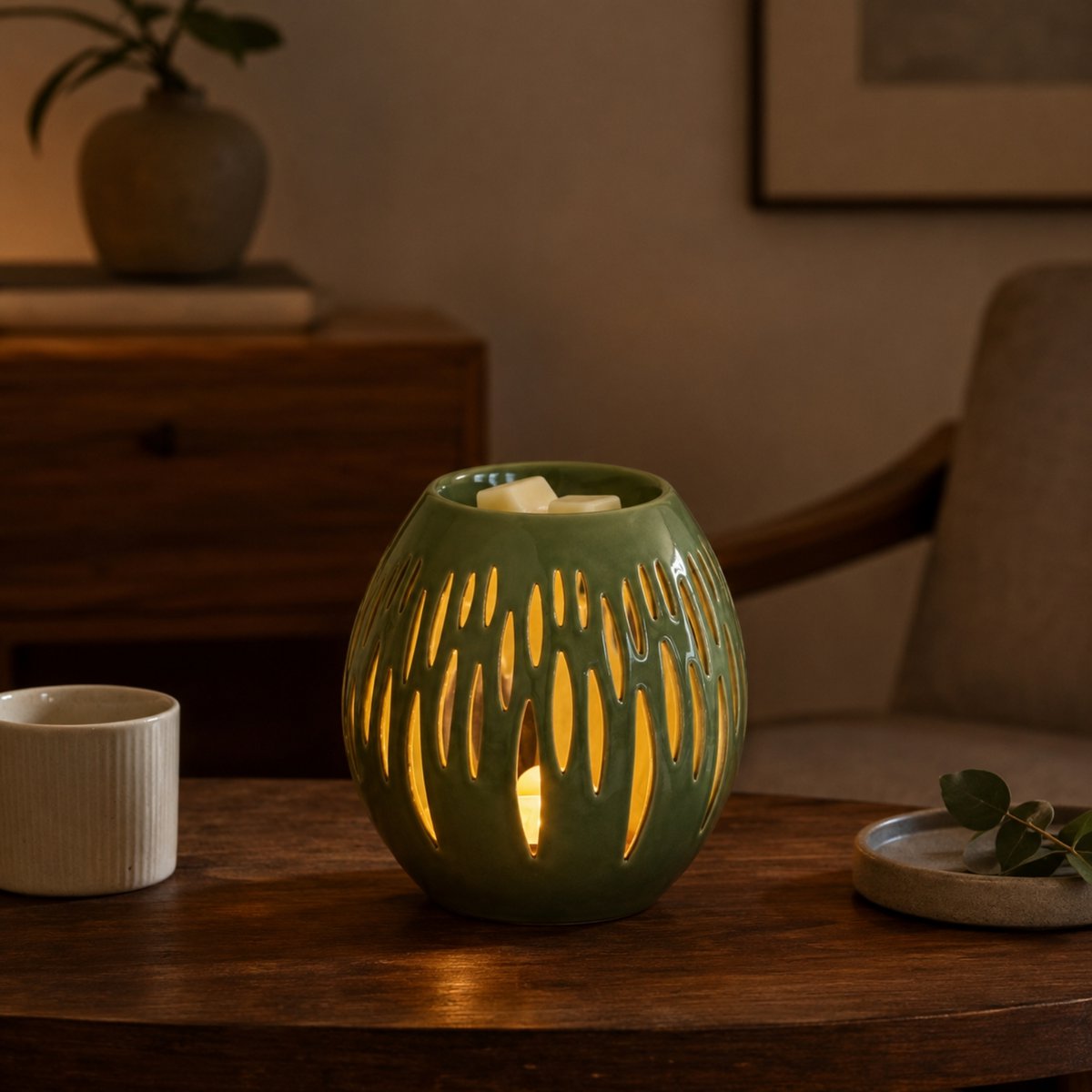 Kominek do perfum z serii Céramy – Ovali Olive – Lakierowany ceramiczny świecznik – Dyfuzja wosków zapachowych, olejków eterycznych – Dekoracyjny pomysł na prezent