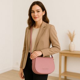 RB1002AZ | Borsa a Tracolla in Vera Pelle Made in Italy con Tracolla removibile in pelle e attacchi con fibbie in metallo Oro Lucido - Colore Rosa Antico - Dimensioni: cm 26 x 20 x 10