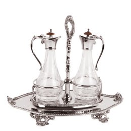  Copper and glass cruet set, two glass bottles with copper metal handles and ornate stand, vintage tableware dispenser