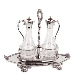 Copper and glass cruet set, two glass bottles with copper metal handles and ornate stand, vintage tableware dispenser
