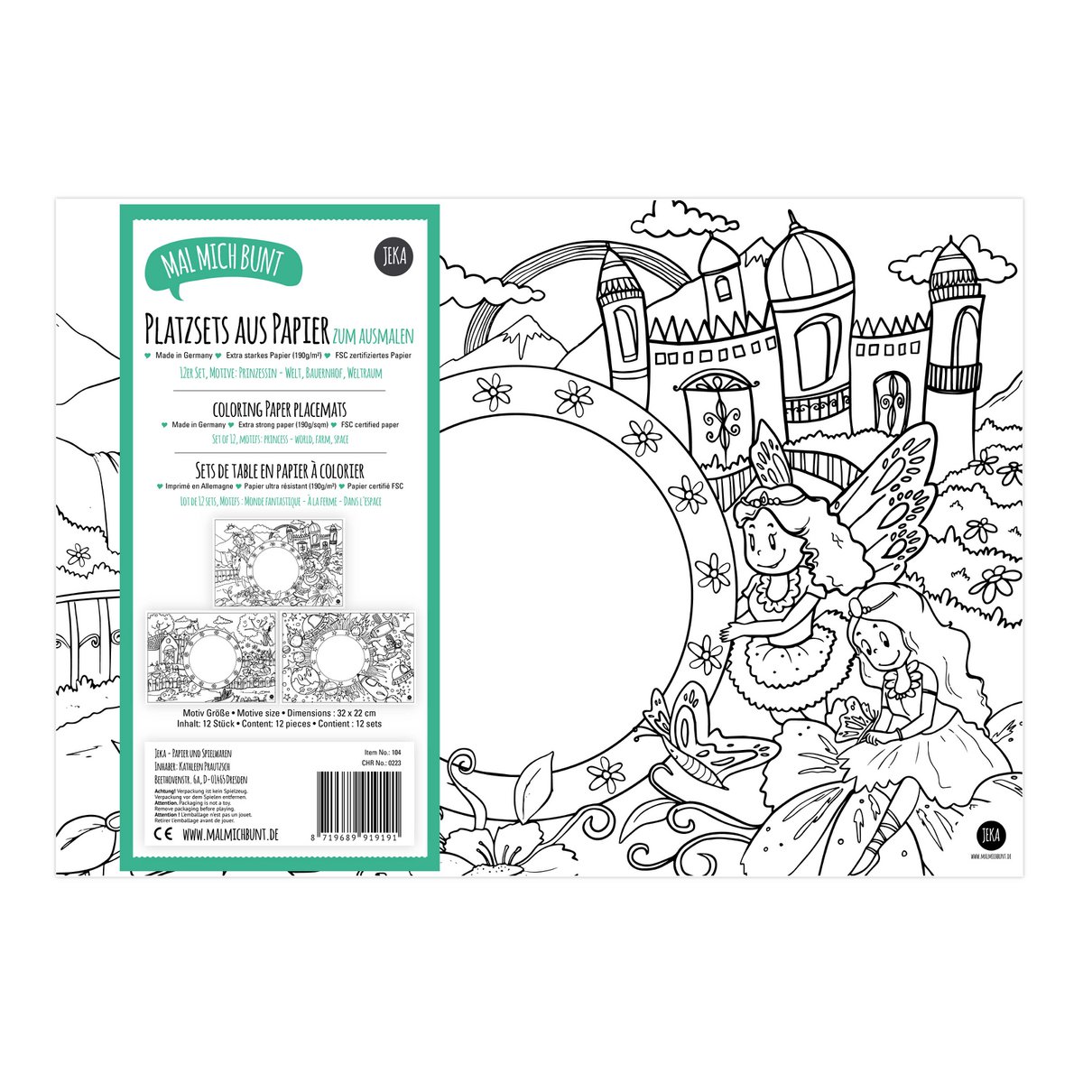 12 placemats om motiefmix fantasie, boerderij, ruimte in te kleuren