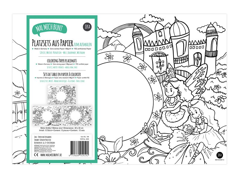 12 placemats om motiefmix fantasie, boerderij, ruimte in te kleuren