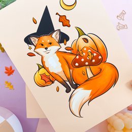 Fox Witch Print - Cute Fox & Pumpkin Witch A5 Print
