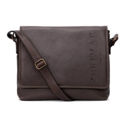Dark brown leather messenger bag, shoulder strap, rectangular shape, professional briefcase style.