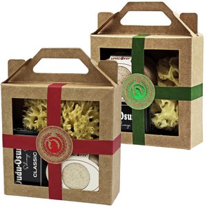 Geschenk-Set mini-Seifendose klein sahneweiß, Dudu Osun® CLASSIC 25g, Naturschwamm klein