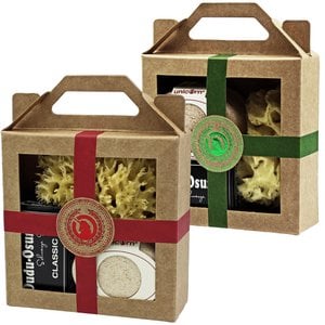 Geschenk-Set mini-Seifendose klein sahneweiß, Dudu Osun® CLASSIC 25g, Naturschwamm klein