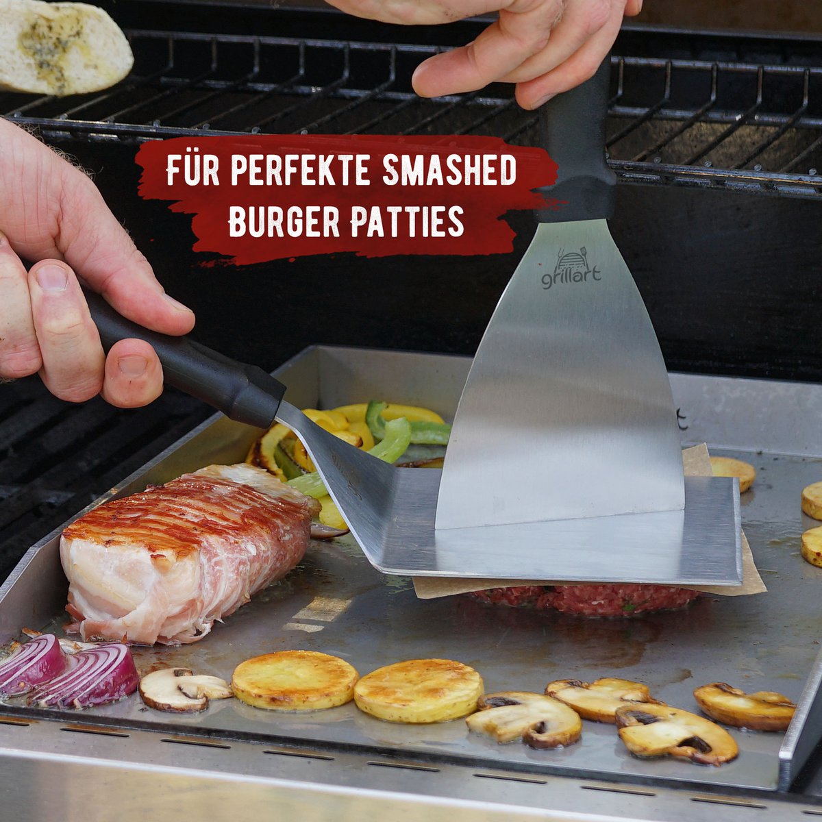 Premium grill spatula made of high -quality stainless steel for smashed burger incl. 30 pieces of pouring paper - grill spatula for Plancha & Teppanyaki - grill turner made of stainless steel - ideal grill accessories