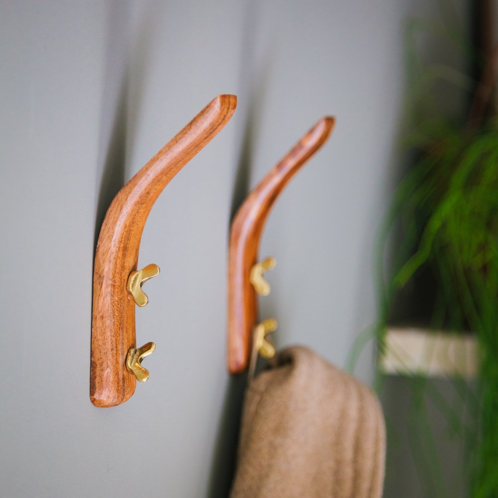 Coat Hook wood and brass, Brut Homeware